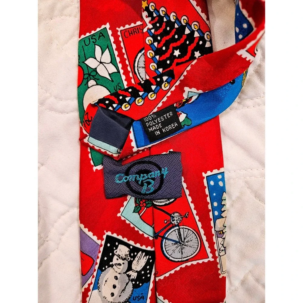 Vintage‎ Company B Mens Christmas Postage Stamp Silk Look Red Holiday Necktie